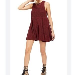 Free People Cherry Red Ribbed Knit Sleeveless Waterfall Ruffle Dress Women's XS
